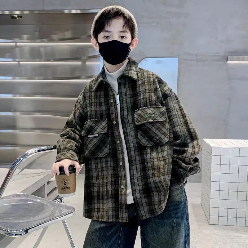 200276童装男童外套2025冬韩版洋气潮酷男宝毛呢格子大衣棉服外套