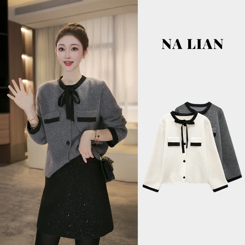 【现货秒发】豆子优选-秋冬小香风系带蝴蝶结单排扣毛衣DZ880M3986