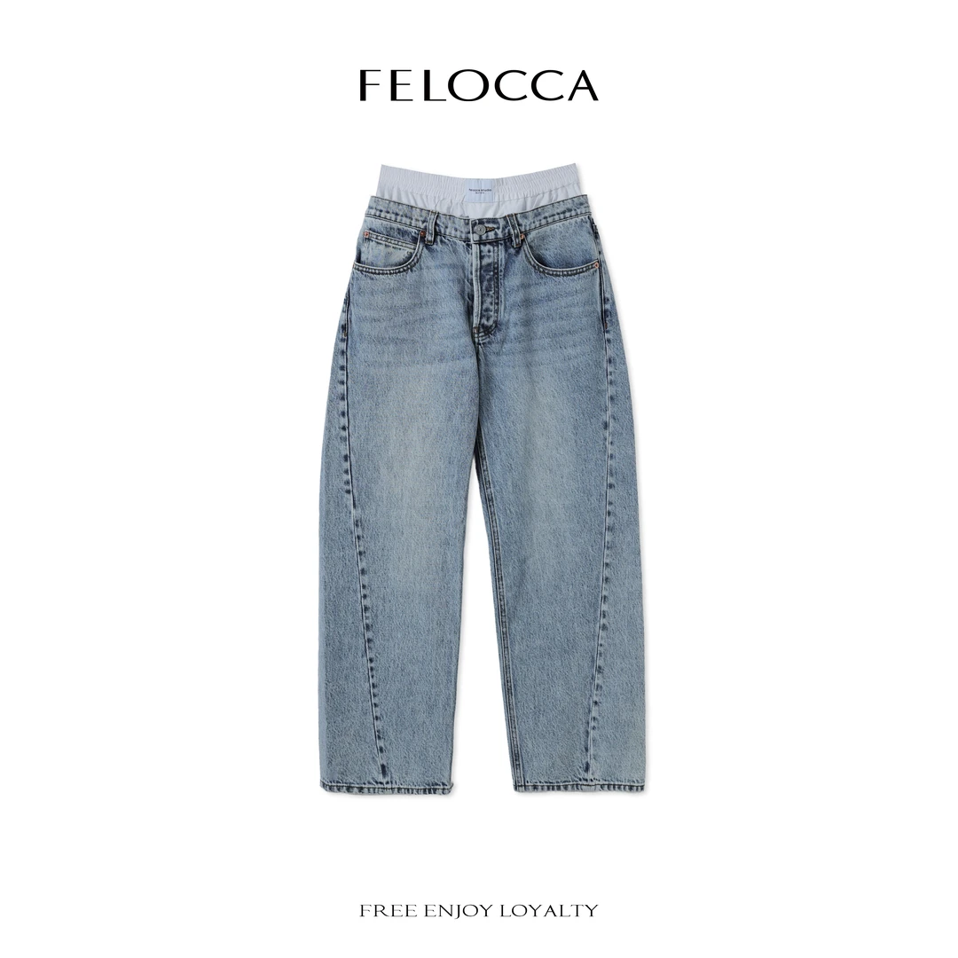 NO退NO换【FELOCCA】双腰拼接设计宽松牛仔裤宽松别致裤子CC2579