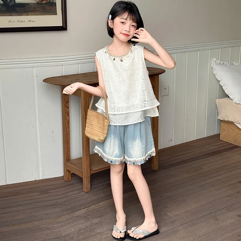 童装女童夏季民族风套装2025新款洋气儿童夏装无袖牛仔短裤两件套