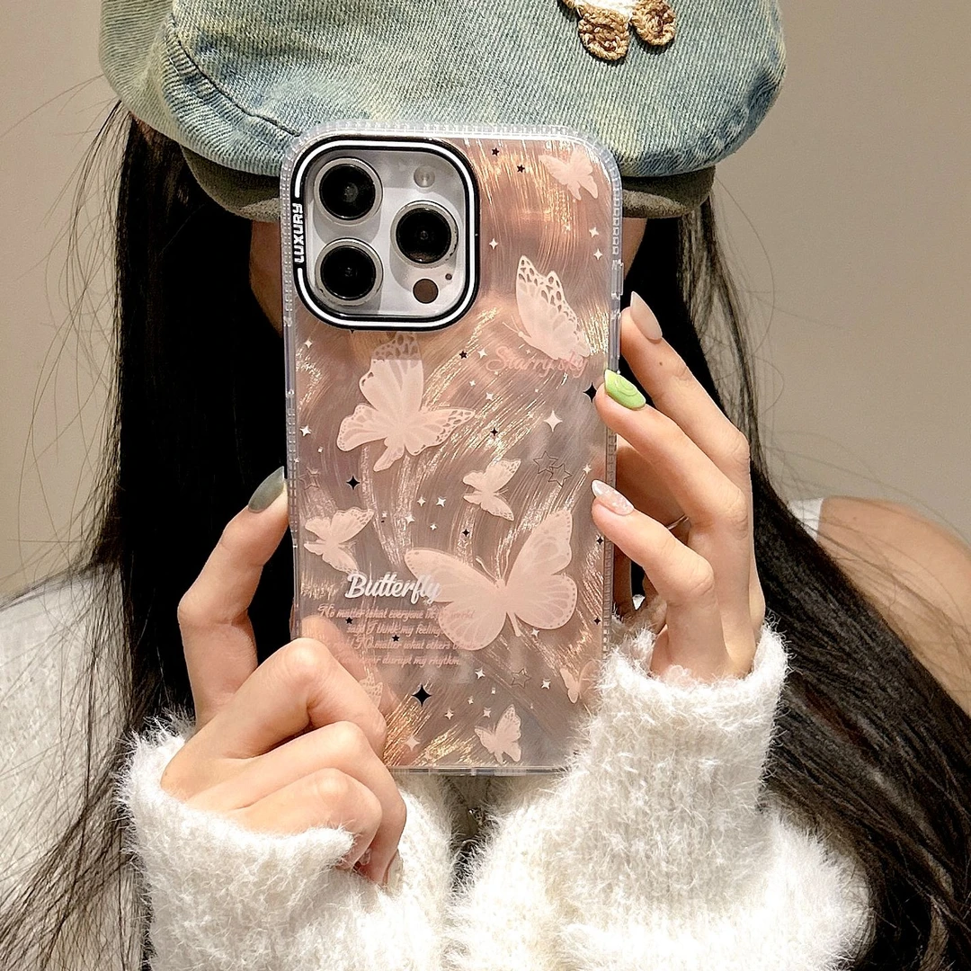 简约高级感金色蝴蝶适用苹果16promax手机壳iphone14全包15plus女