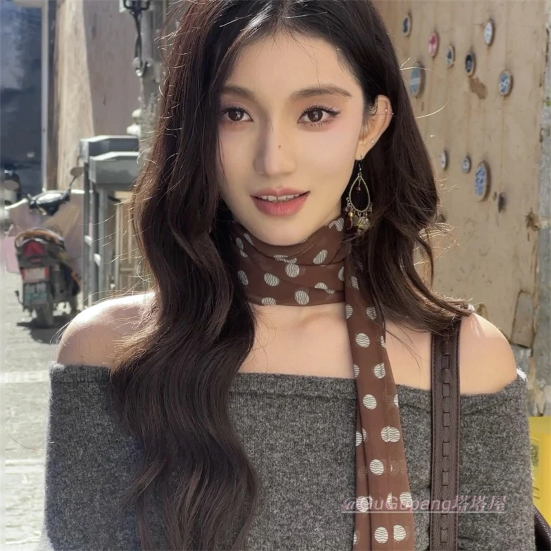 法式慵懒风棕色波点长条丝巾轻奢复古高级感气质薄款围巾绑发发带