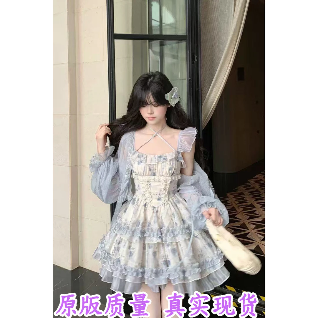 溪溪靓衫 碎蓝绮梦 少女感蓬蓬公主裙小飞袖碎花蝴蝶结蛋糕连衣裙