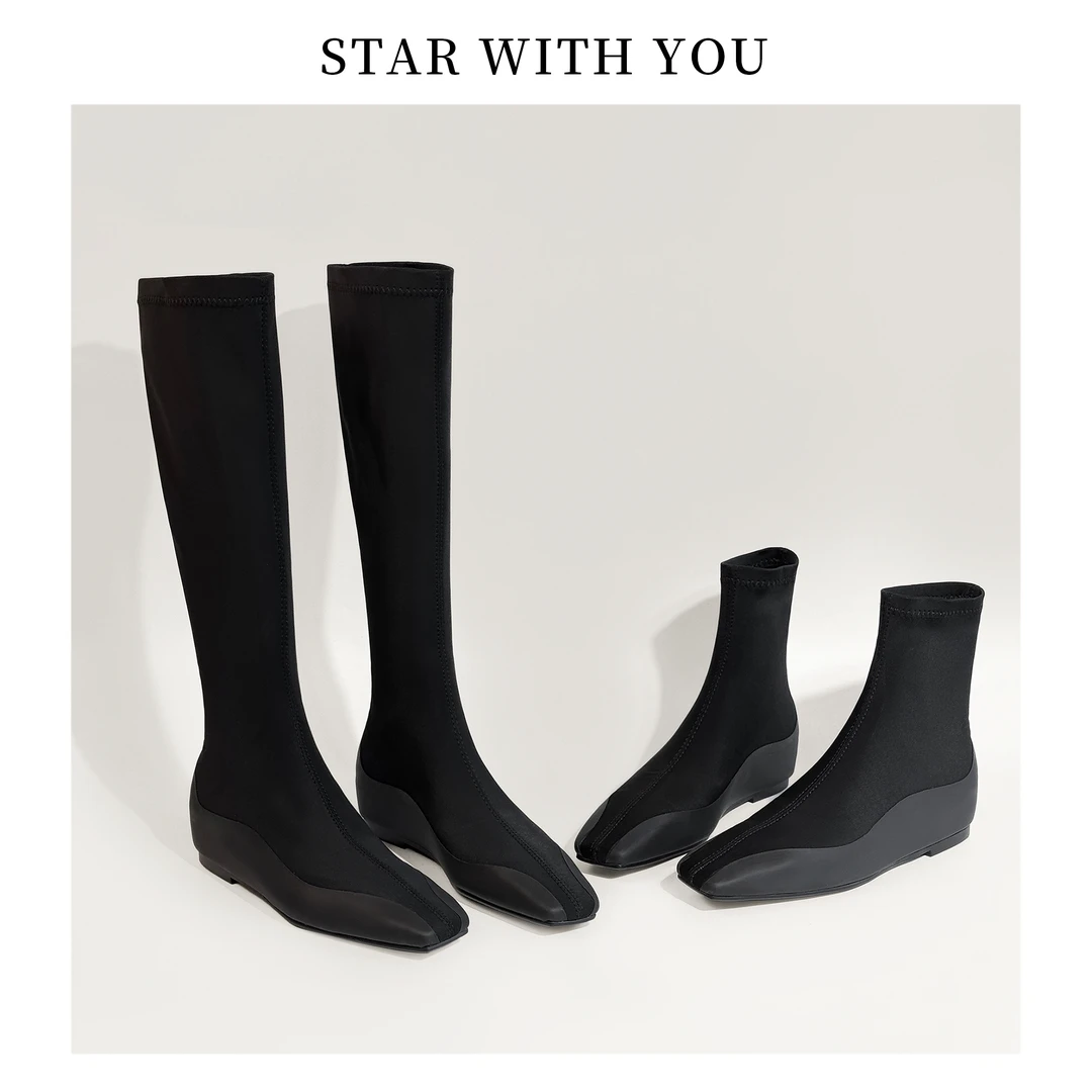 【STAR】极简风方头弹力莱卡包腿巨显厚底7cm内增高4cm平底1cm