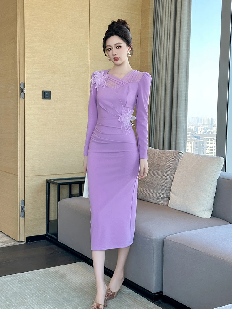 高腰秋季礼服裙子连衣裙收腰修身修身款秋冬长袖V字领名媛纯色