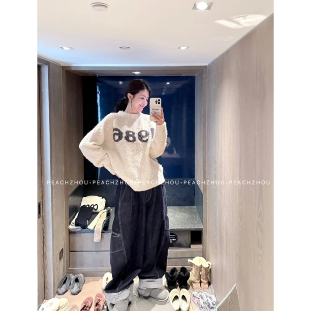 PEACHZHOU 磨毛明线不掉色丹宁多口袋可调节裤脚宽松直筒牛仔裤