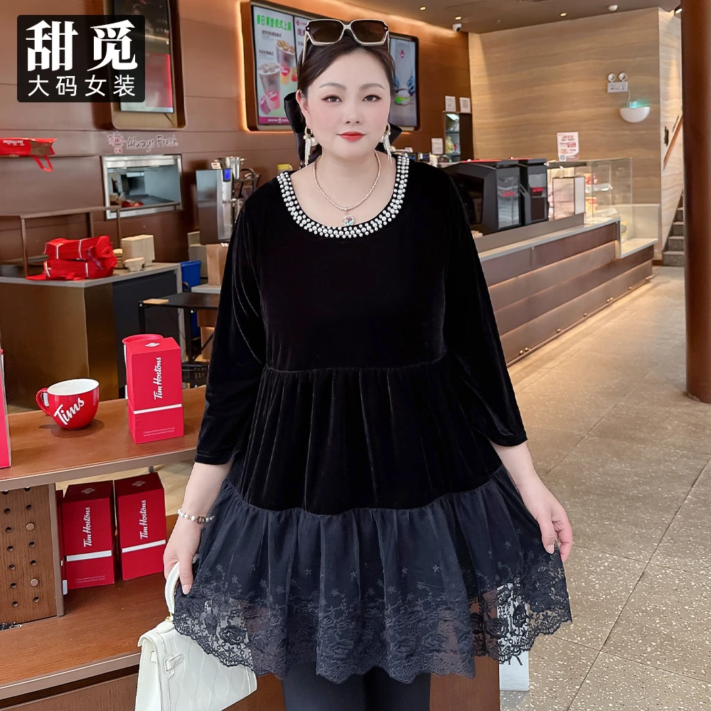 甜觅特大码女装2025春装胖mm300斤重工钉珠蕾丝拼接长款丝绒上衣