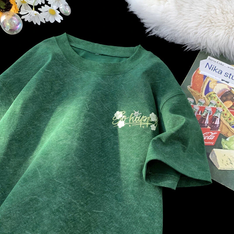 新款冰丝t恤男式短袖夏季薄款美式复古潮牌刺绣青少年半袖体恤衫