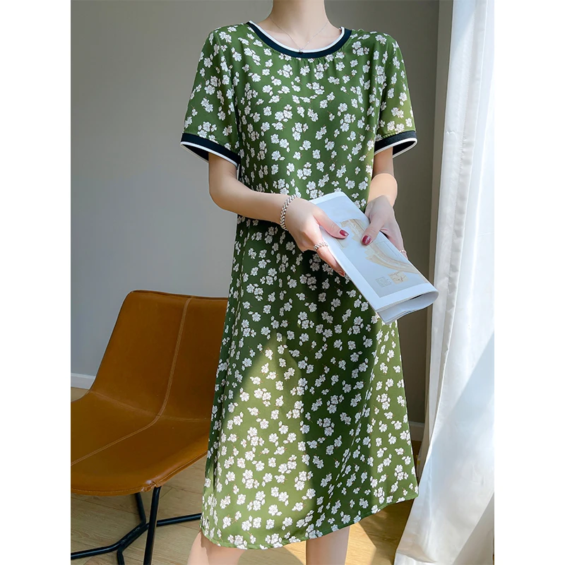 圆领印花裙子醋酸缎面宽松显瘦女夏季连衣裙中长款大码时尚气质