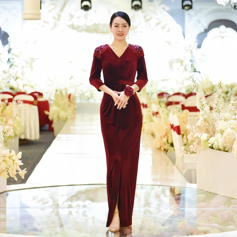 喜婆婆喜妈妈丝绒面料秋冬显瘦晚礼服连衣裙婚礼服鱼尾裙