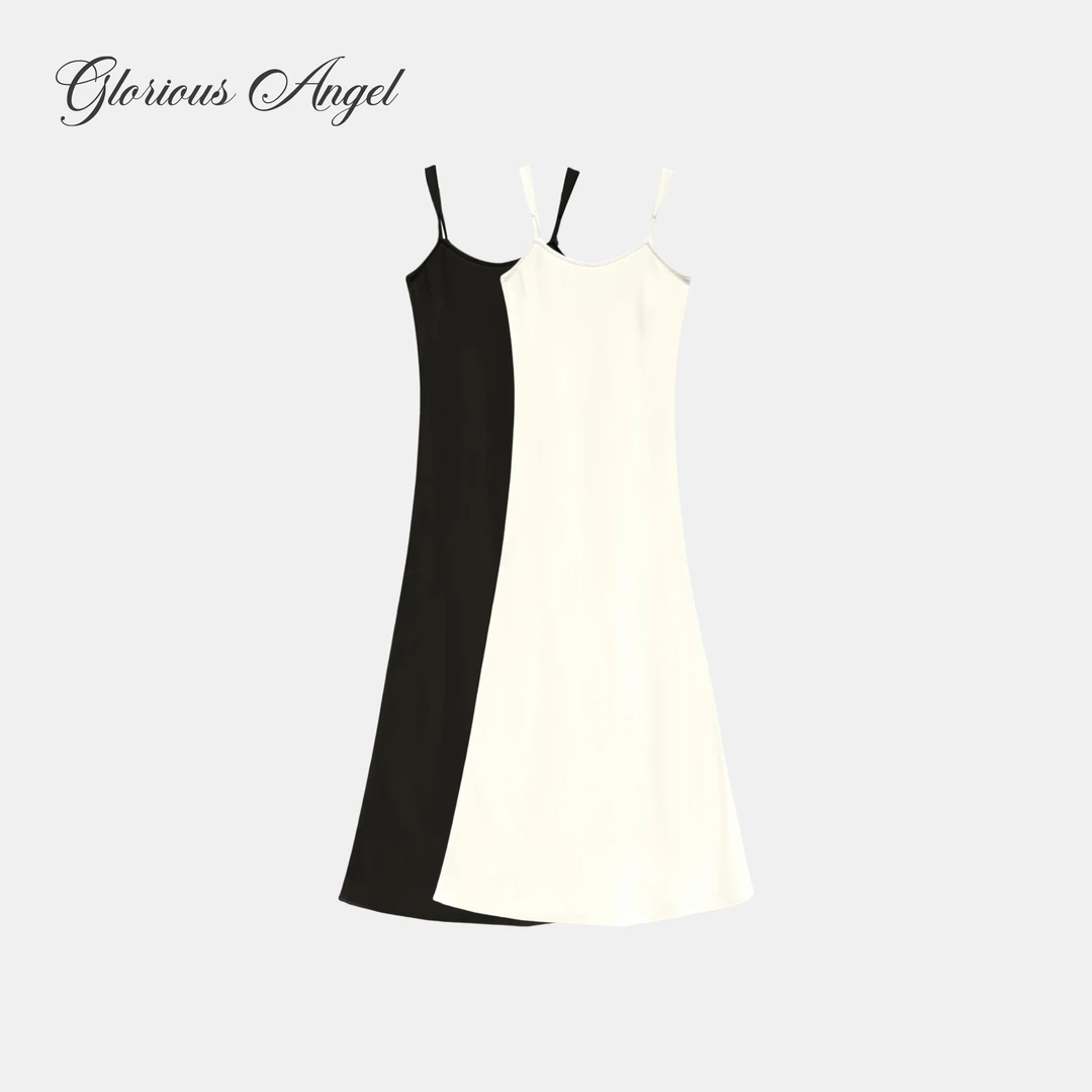 G.A 黑白邂逅 立体斜裁U领 缎面丝滑醋酸 吊带礼服连衣裙