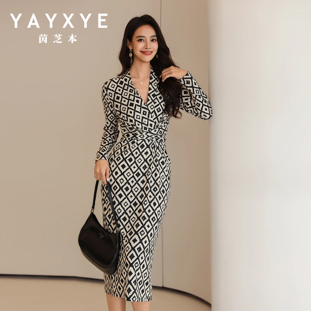 法国茵芝本INZB秋季新款格子印花长袖v领气质感小个子绑带连衣裙