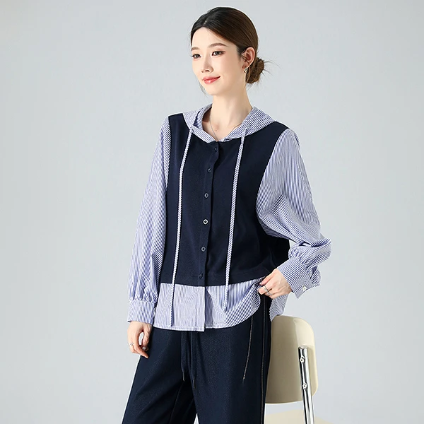 燕苹秋季新款时尚休闲风可调节抽绳连帽撞色假两件条纹外套ZM2571