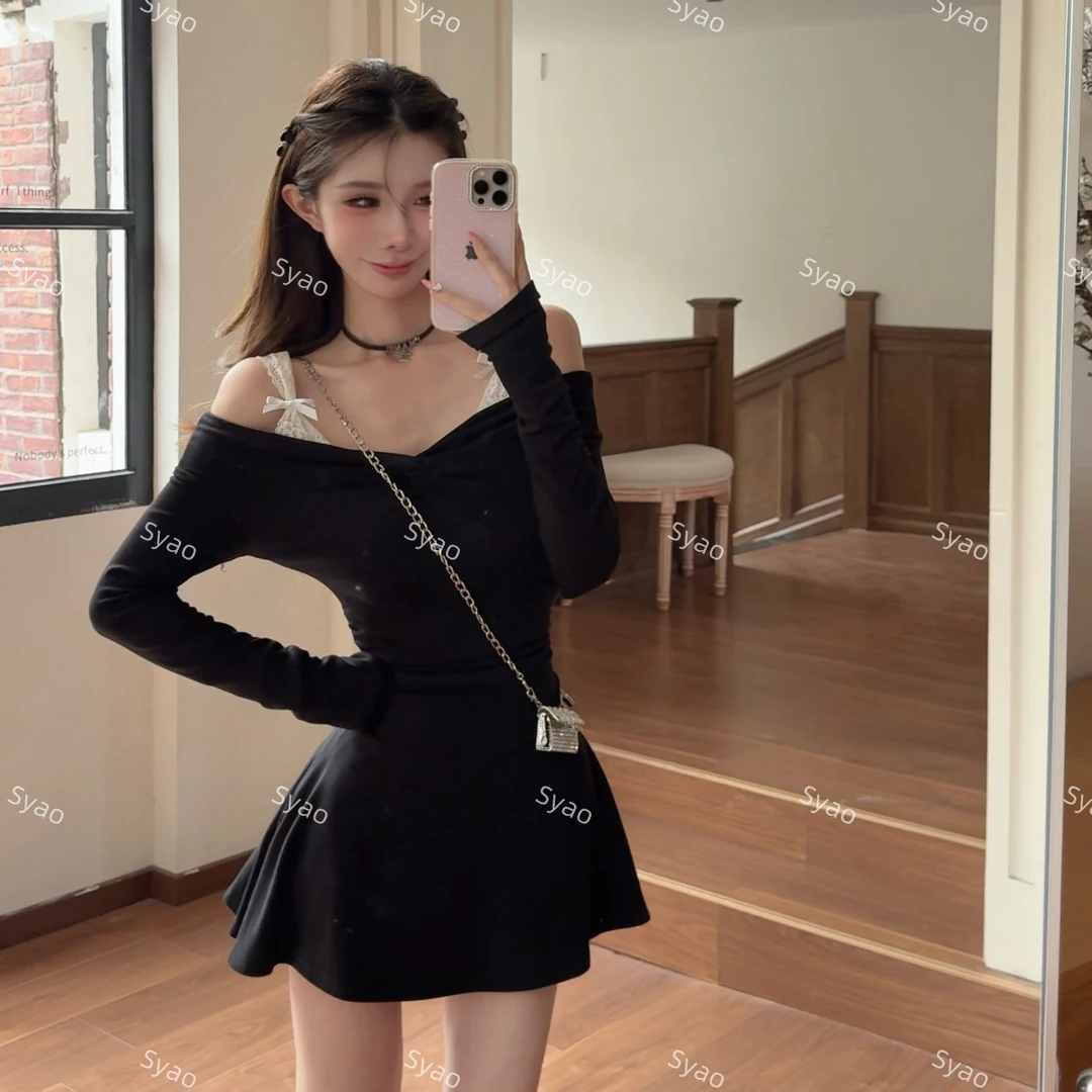 思瑶【美貌公式】一字肩蕾丝拼接V领长袖连衣裙#1223