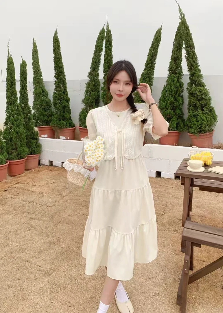 夏季2025新款国风假两件套短袖连衣裙女收腰显瘦气质裙子减龄夏装