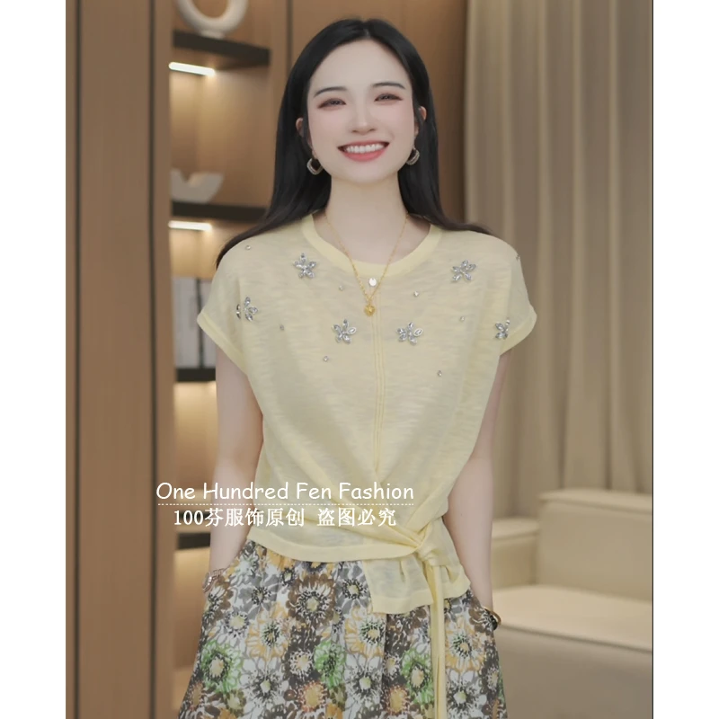 设计感重工钉珠短袖t恤女2025夏季新款绑带设计显瘦针织百搭上衣