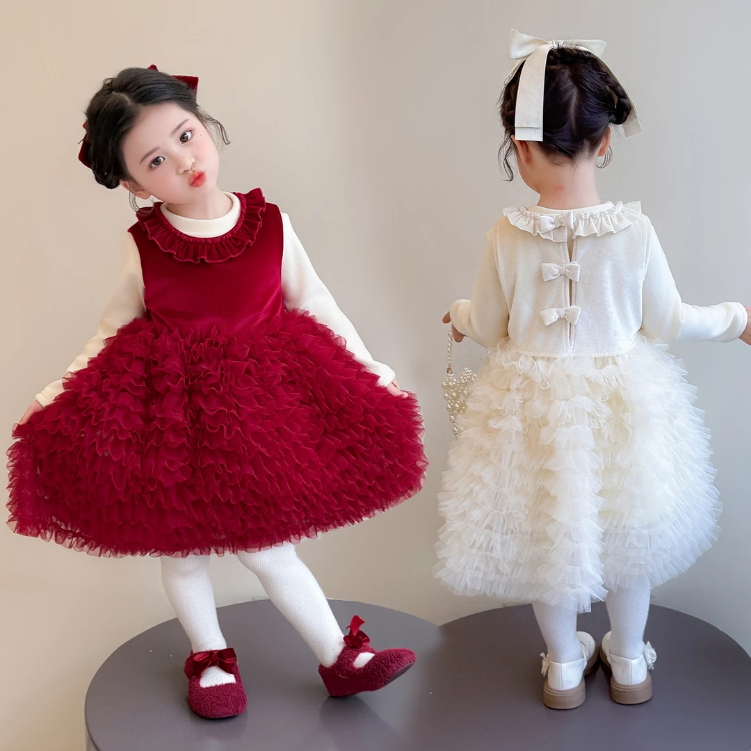 女童蛋糕裙套装儿童秋冬装韩版洋气新年装女宝宝冬季连衣裙两件套