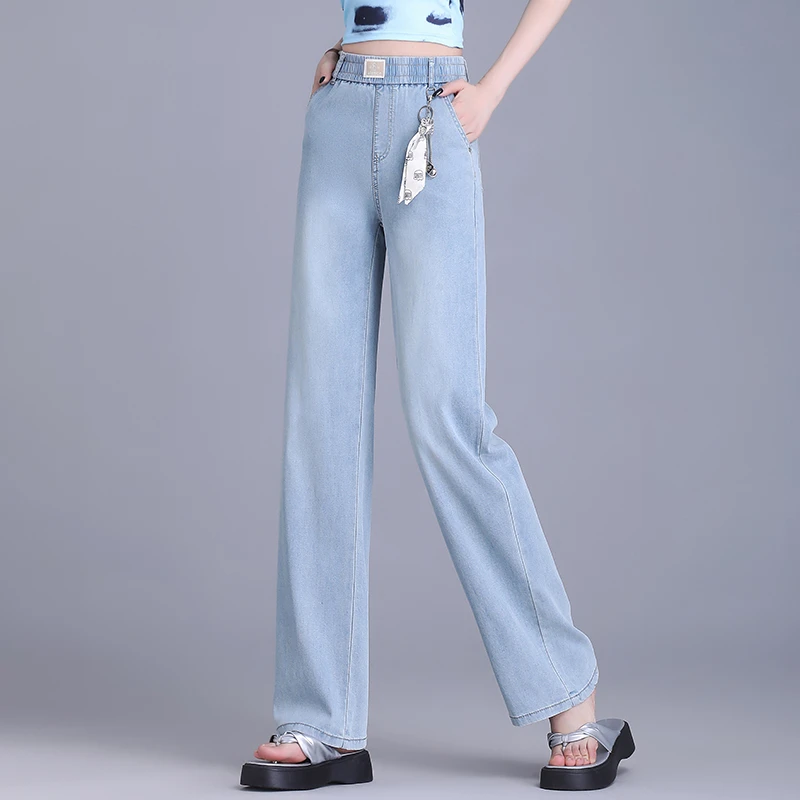 正品爆款时尚牛仔阔腿裤女2025年夏季薄款松紧腰显瘦宽松直筒裤子