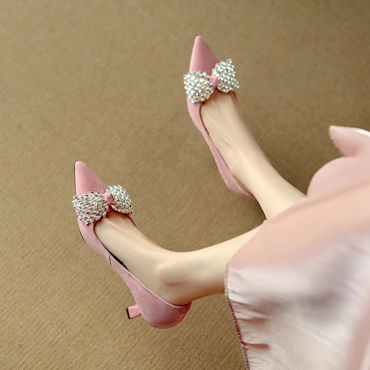 feilunna/妃伦娜7CM细跟羊翻皮法式小香风尖头浅口粉色单鞋女高跟