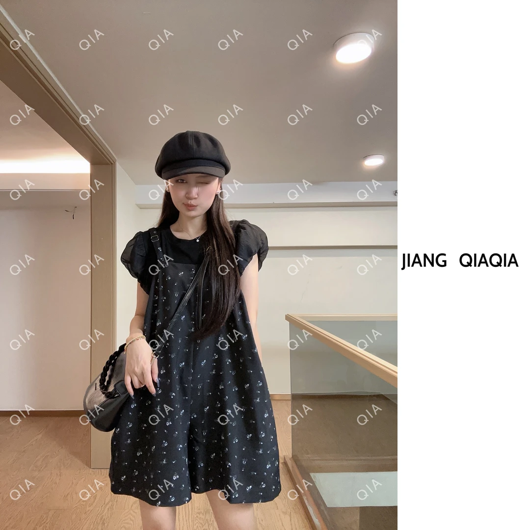 姜恰恰 —【松饼格】可调节碎花夏季显瘦小众西装面料吊带背带裤