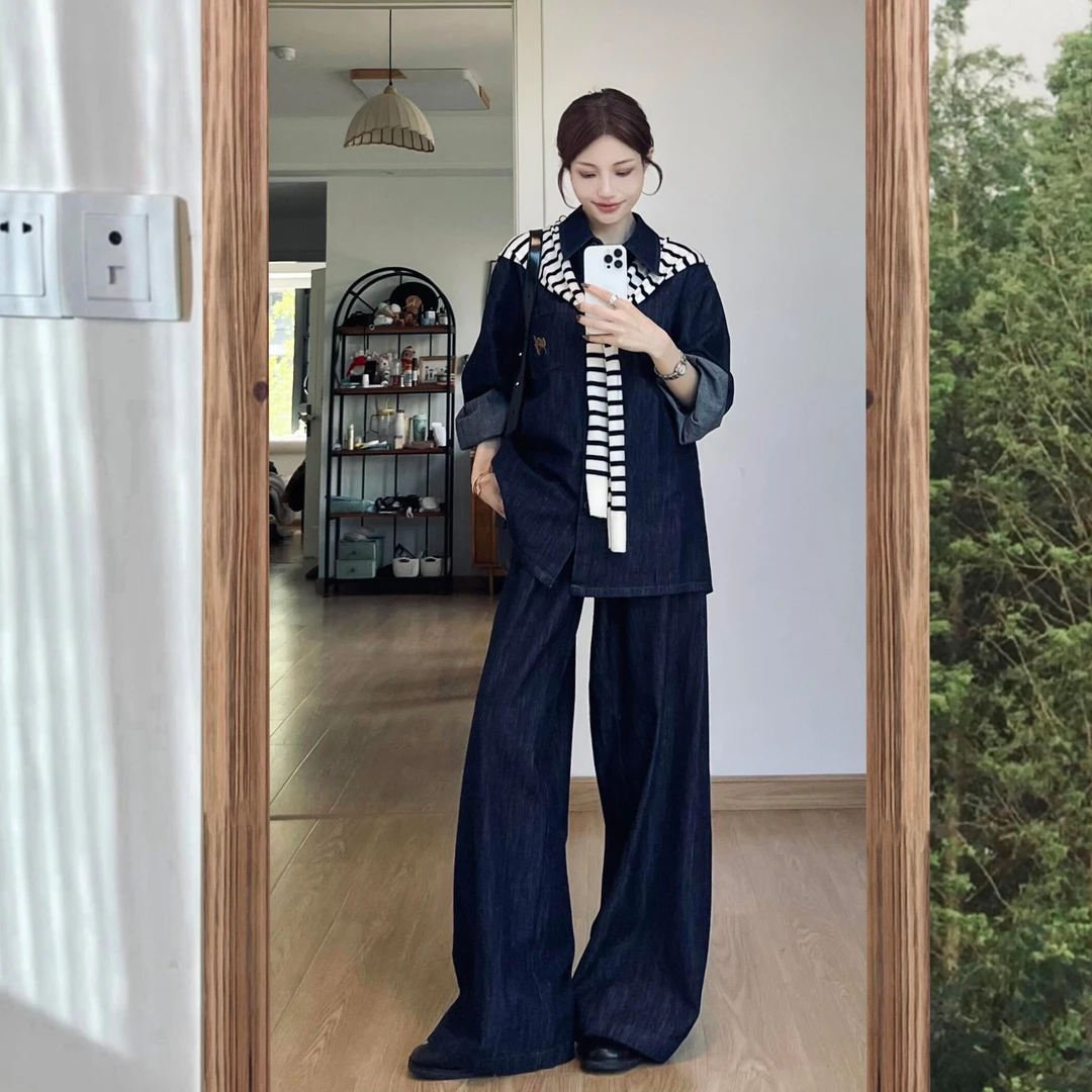 秋装搭配一整套港风复古牛仔长袖衬衫外套高腰阔腿裤巨好看套装女