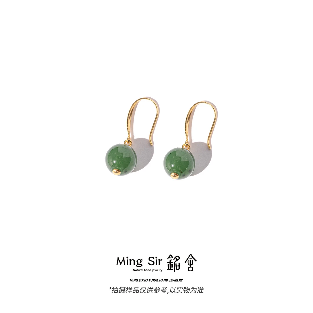 【铭舍】天然俄料碧玉圆珠s925镶嵌耳钩10mm左右珠宝玉石-6.3