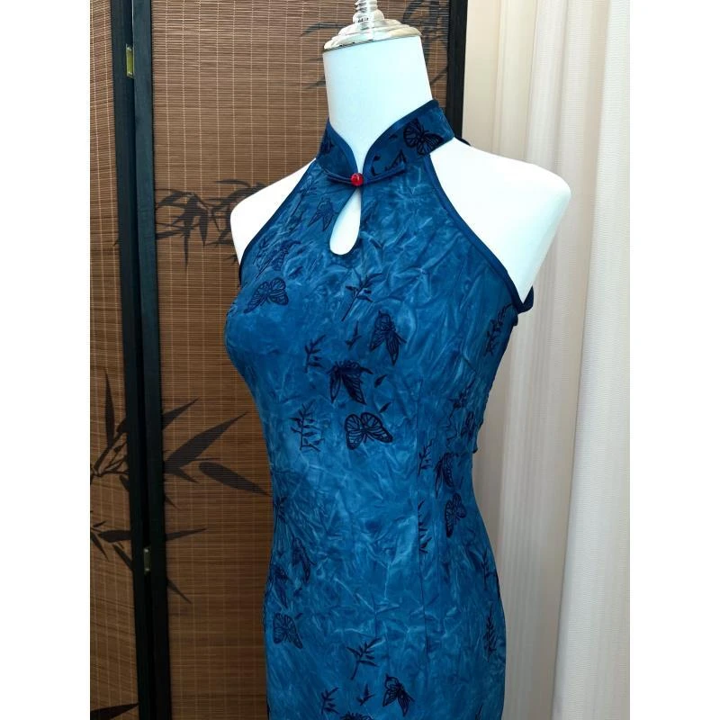 莹锦阁蓝色挂脖旗袍2025新款夏季新中式改良年轻款高级感修身日常