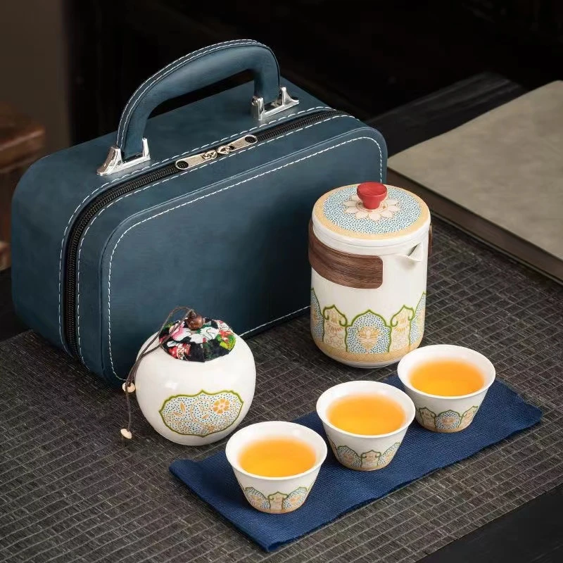 G1268-宝相花一壶三杯加茶叶罐旅行包（蓝款）GS