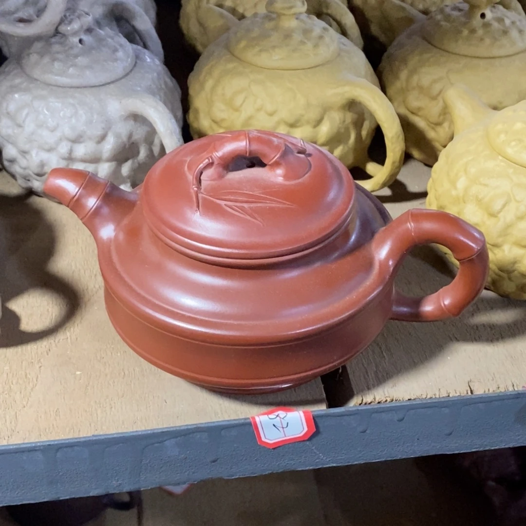 紫砂茶壶白14 双线竹鼓 朱泥