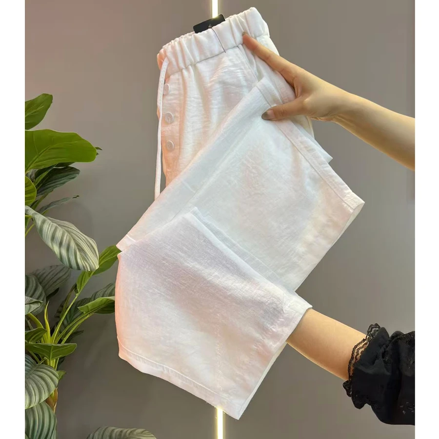 欧洲站欧货正品2025夏季新款麻料松紧腰百搭纯色休闲女裤子