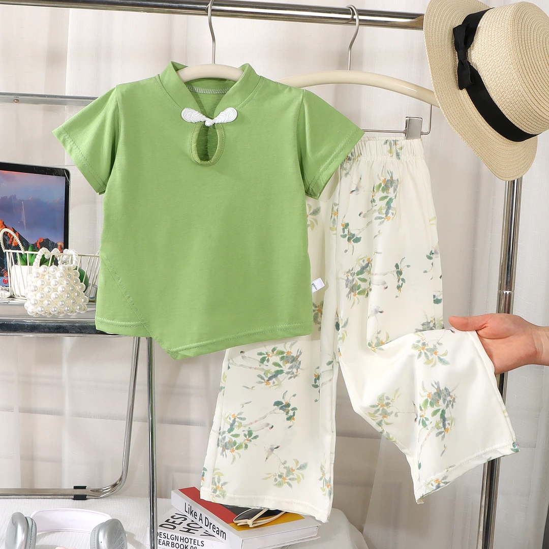 2025夏季女童洋气时髦中式国风套装上衣阔腿裤两件套儿童服装