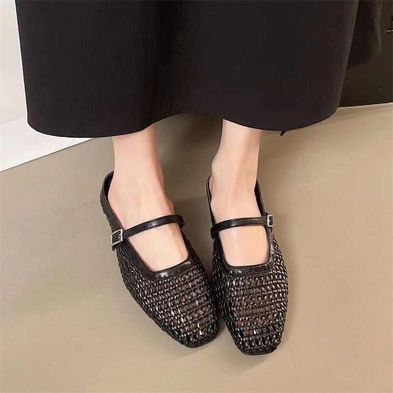 圆头包头粗跟透气编织胶粘软底时装凉鞋单鞋女镂空