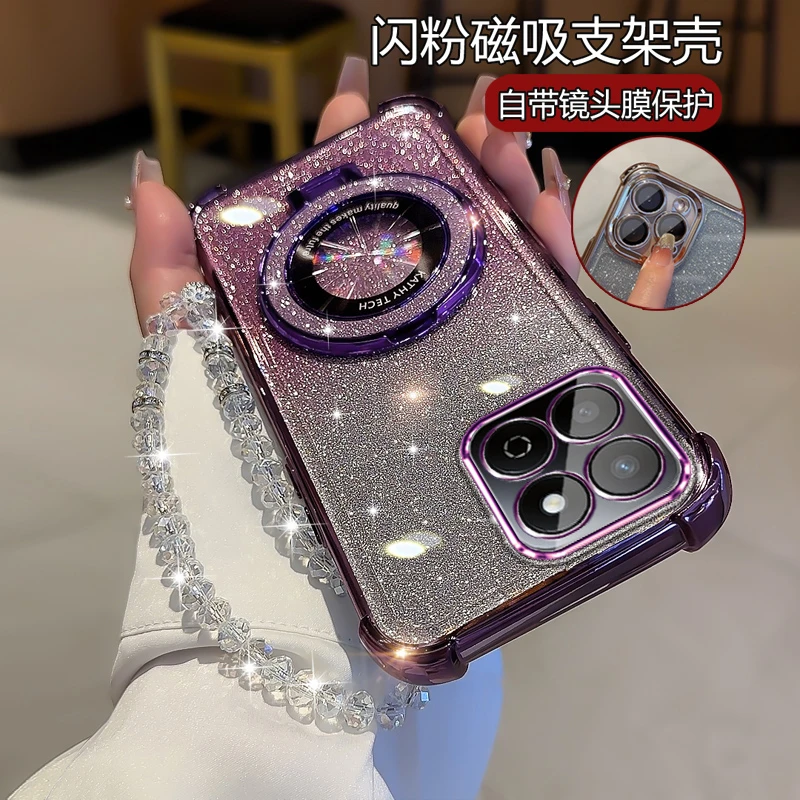 适用荣耀X30i网红手机壳女新潮高级感TFY-AN00闪粉软壳带支架手链