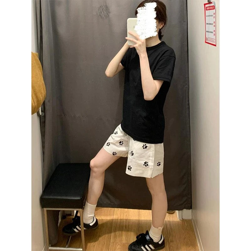 可爱狗脚印白色运动短裤女夏季2025新款薄款宽松小个子休闲阔腿裤