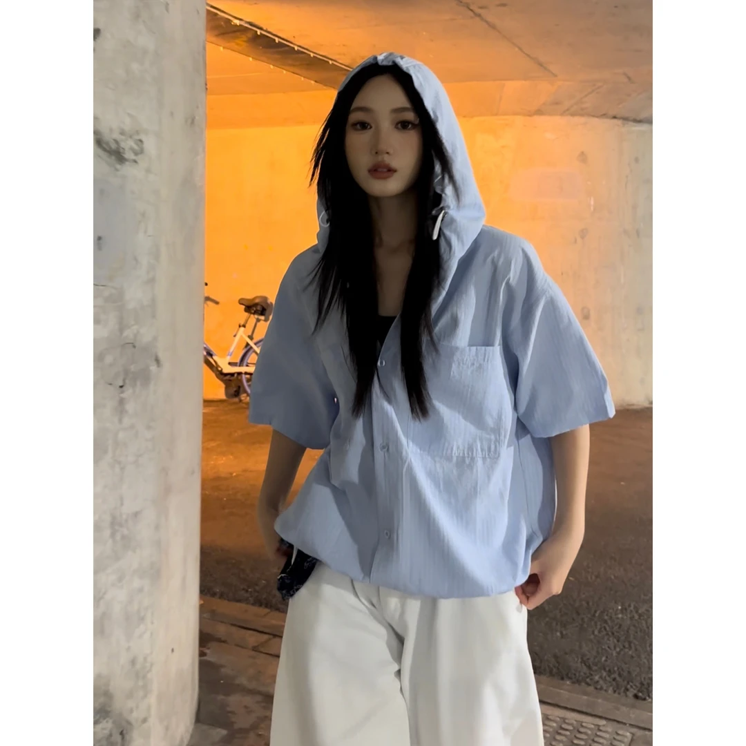 QIUYIDAODI设计感连帽衬衫男宽松常规款衬衫男2025早秋新款上衣男