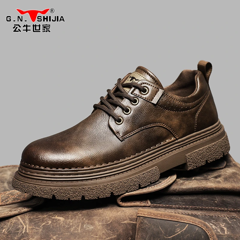 公牛世家秋季新款工装皮鞋时尚复古百搭英伦风低帮休闲商务皮鞋