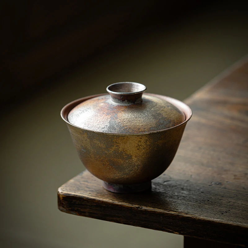 国潮新款窑变二才盖碗茶盖碗茶具日式粗陶泡茶碗复古家用茶道用具