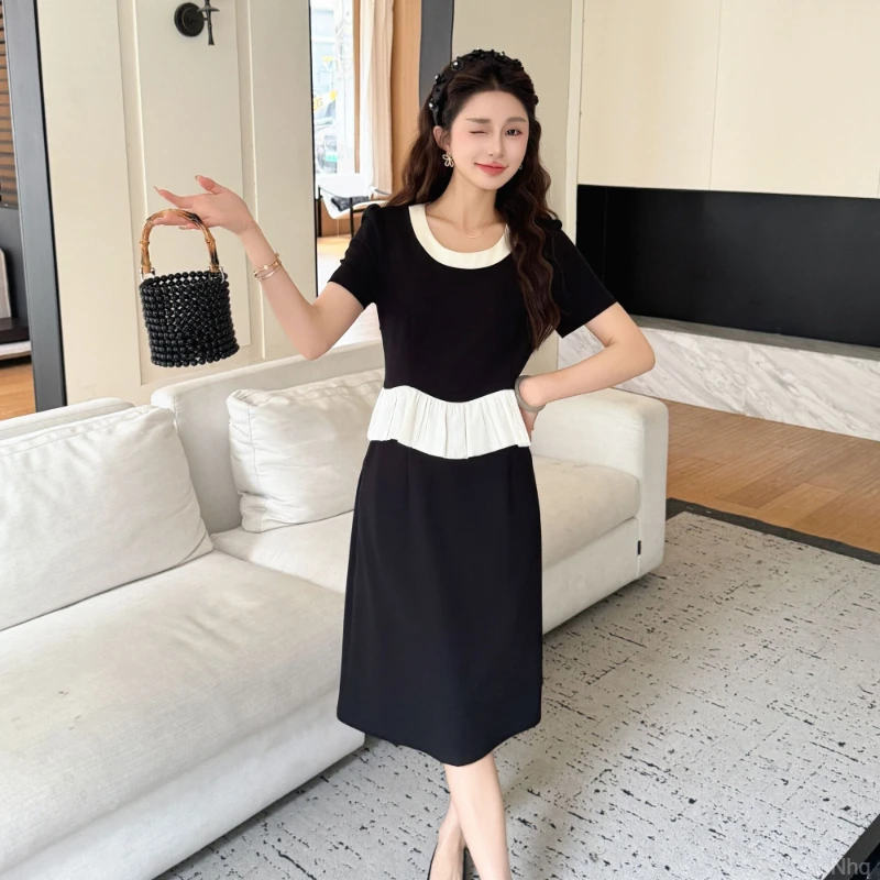 系扣新款褶皱夏季修身显瘦连衣裙夏装时尚洋气黑色韩版套头裙子
