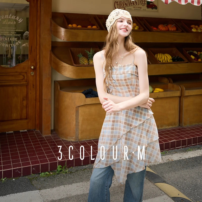 0268三彩2025夏季新款格纹吊带裙不对称A字裙雪纺连衣裙设计dbx