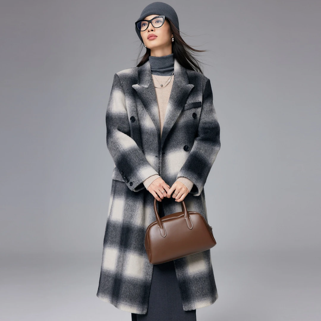 翻领格纹宽松中长款羊毛大衣ET23277D