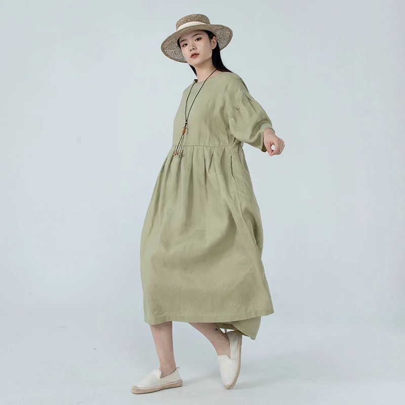 子渊女装瑕疵品90322103原创设计套头通勤圆领纯色亚麻连衣裙女夏