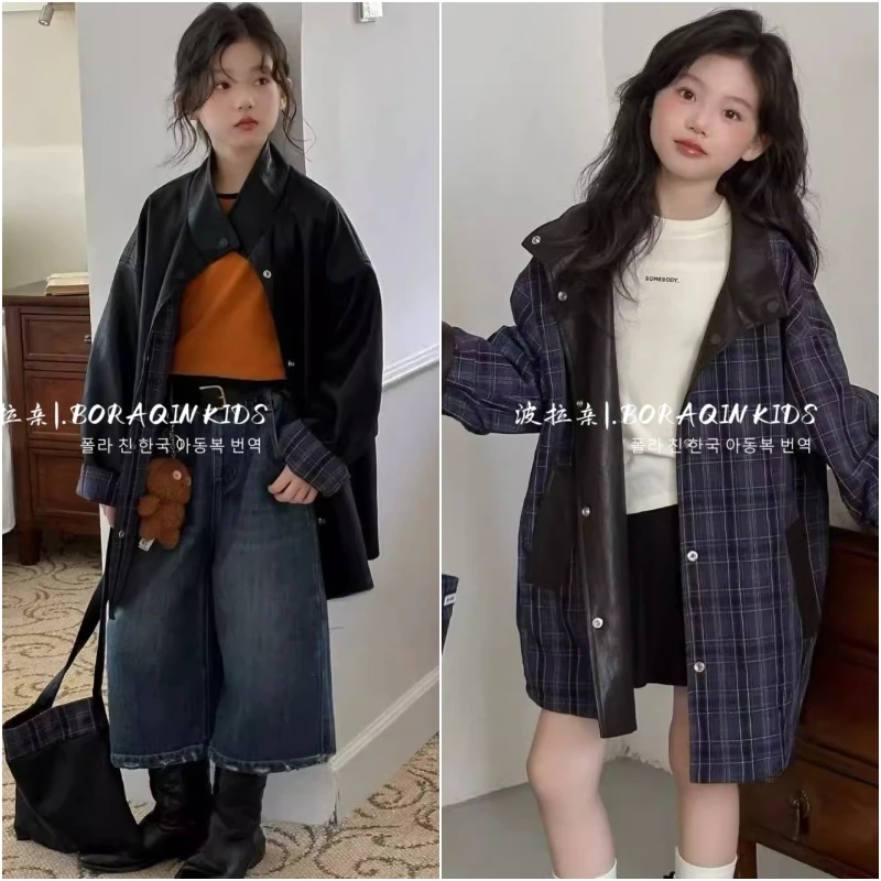韩国童装女童秋季套装2025秋儿童套装两面穿皮衣百搭打底牛仔裤