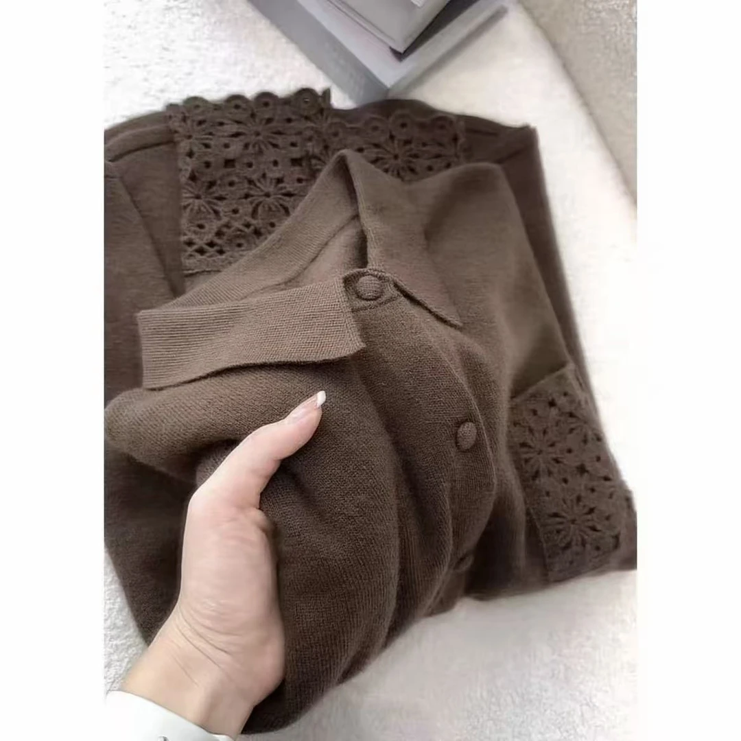 【勾花袖衬衫】减龄百搭！秋冬毛衣女气质衬衣翻领慵懒针织开衫