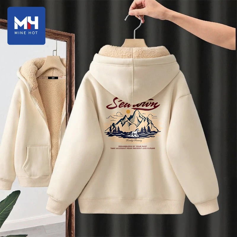 唐狮集团MH加绒卫衣女款2025新款秋冬加厚开衫设计感羊羔绒外套H