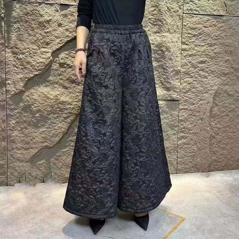 依冉2025新款提花阔裤女士垂感直筒长裤宽松休闲高腰显瘦阔腿裤子