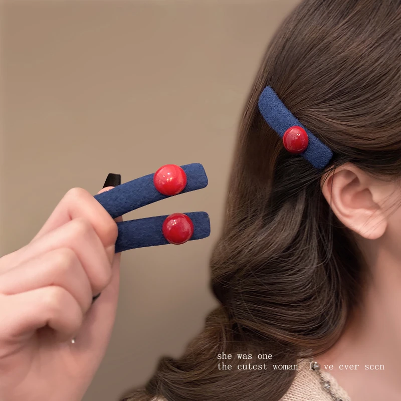 秋冬新款蓝色撞色红珠子发夹女高端发饰侧边夹对夹碎发刘海夹头饰
