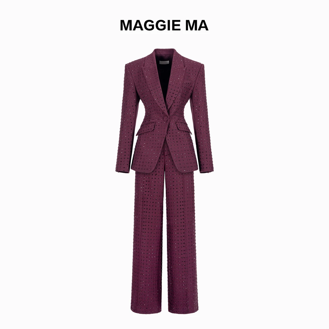 MAGGIE MA马婧设计师款红紫色重工烫钻气质显瘦西装套装465C/466P
