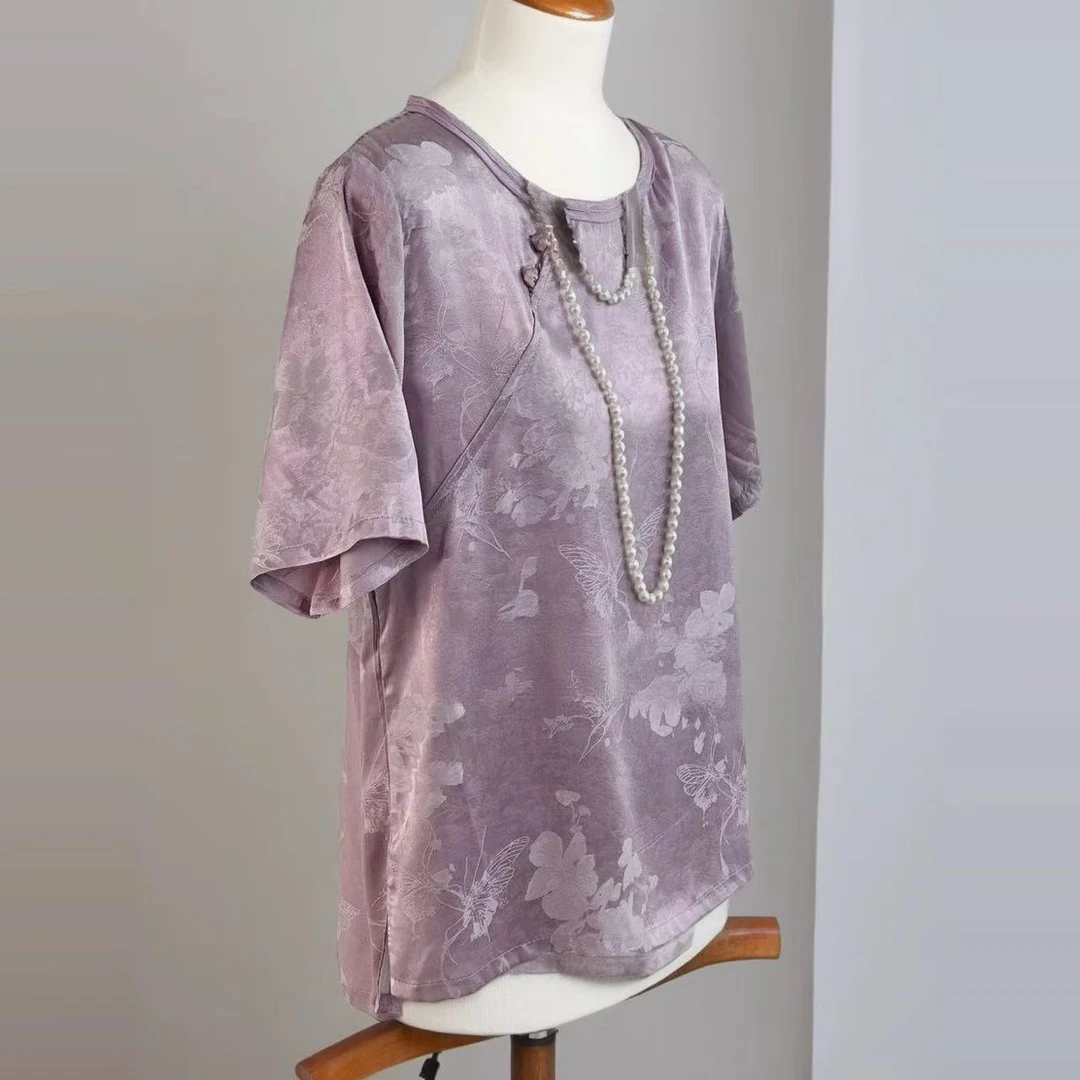 南油高货款新中式国风提花圆领短袖T恤女桑蚕丝香云纱上衣夏