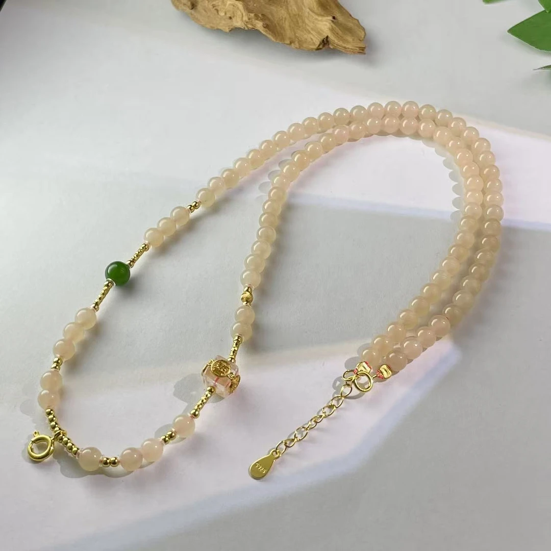 藕粉圆珠5M项链和田玉老坑熟藕色珠链女款设计款毛衣链保真天然