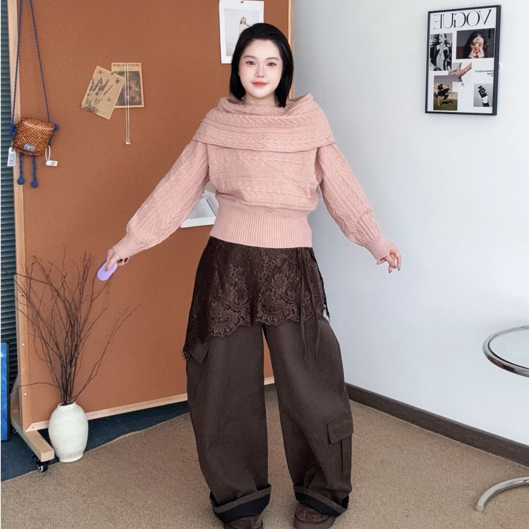 Queen Date 官方授权 咖色蕾丝拼接屁帘阔腿裤女绑带设计显瘦长裤